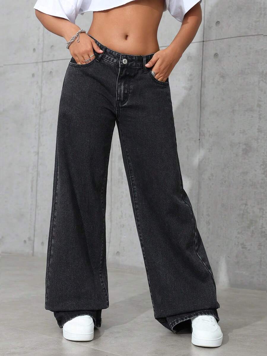 casual washed low-waist straight-leg charcoal jeans