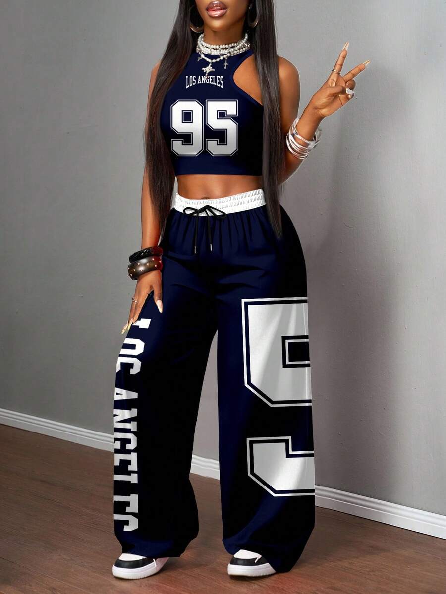 navy and white graphic athleisure coord set