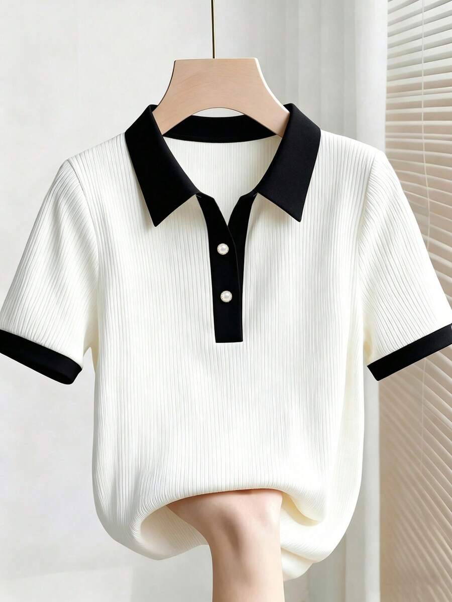 black and white ribbed knit polo shirt