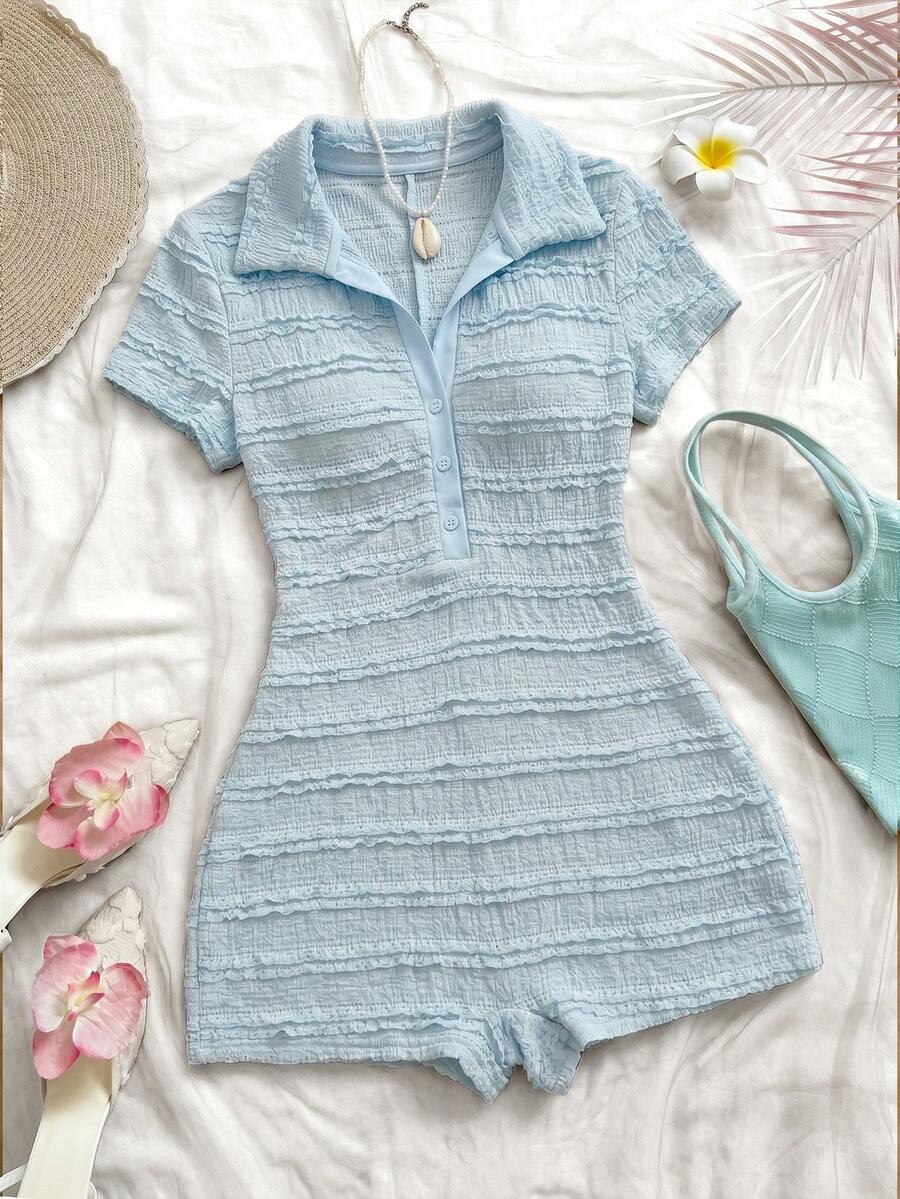 striped blue and blue collared playsuit