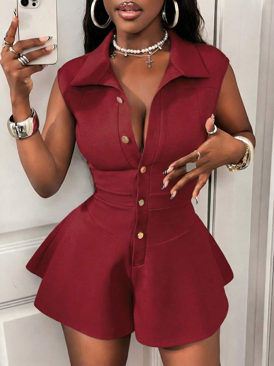 burgundy sleeveless collared romper with flared shorts