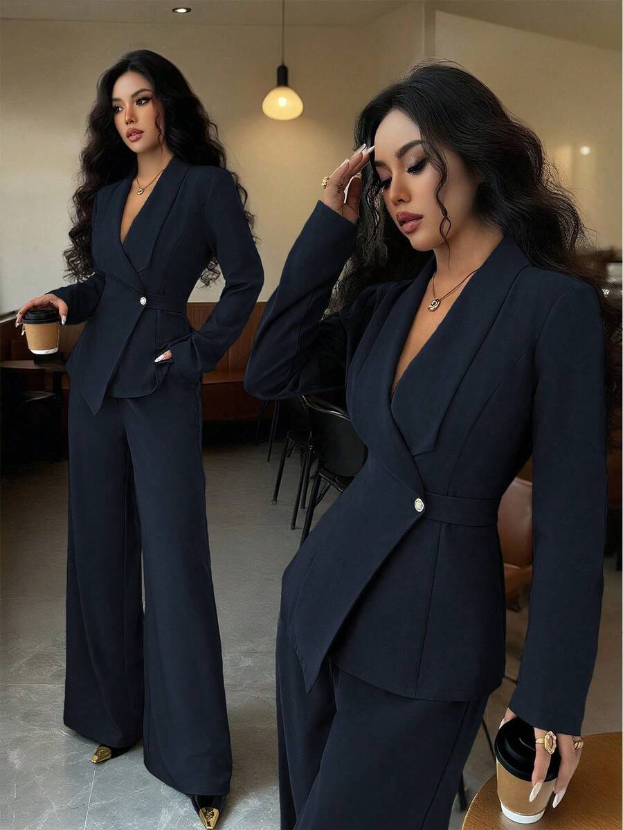 navy blue tailored blazer and wide-leg trousers set