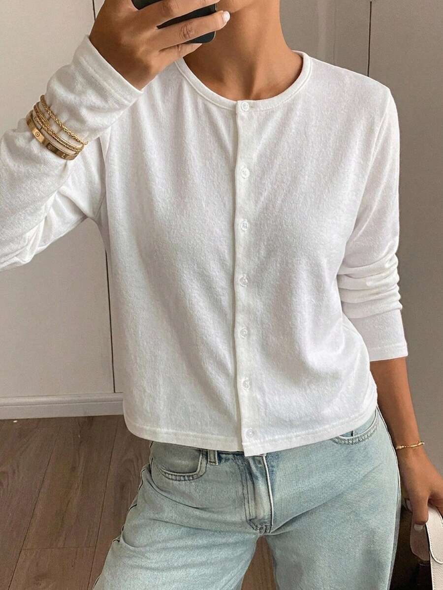 ivory long sleeve button front knit cardigan