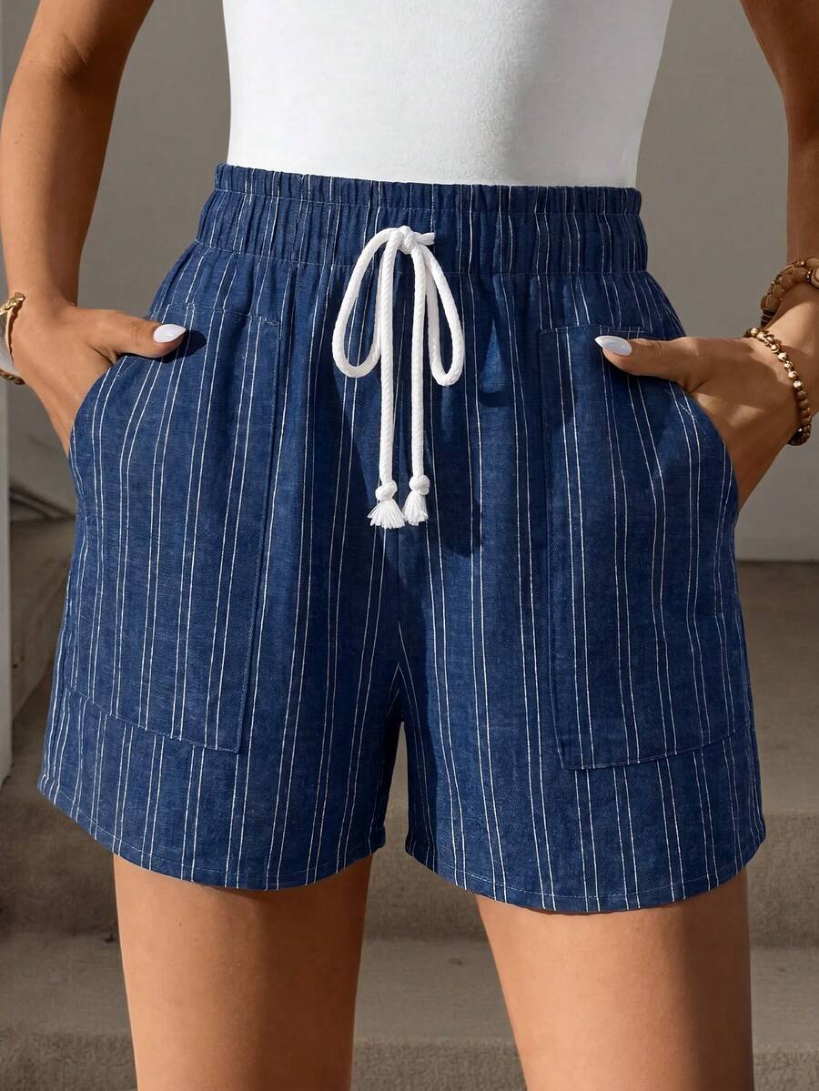 striped cotton paperbag waist shorts with pockets