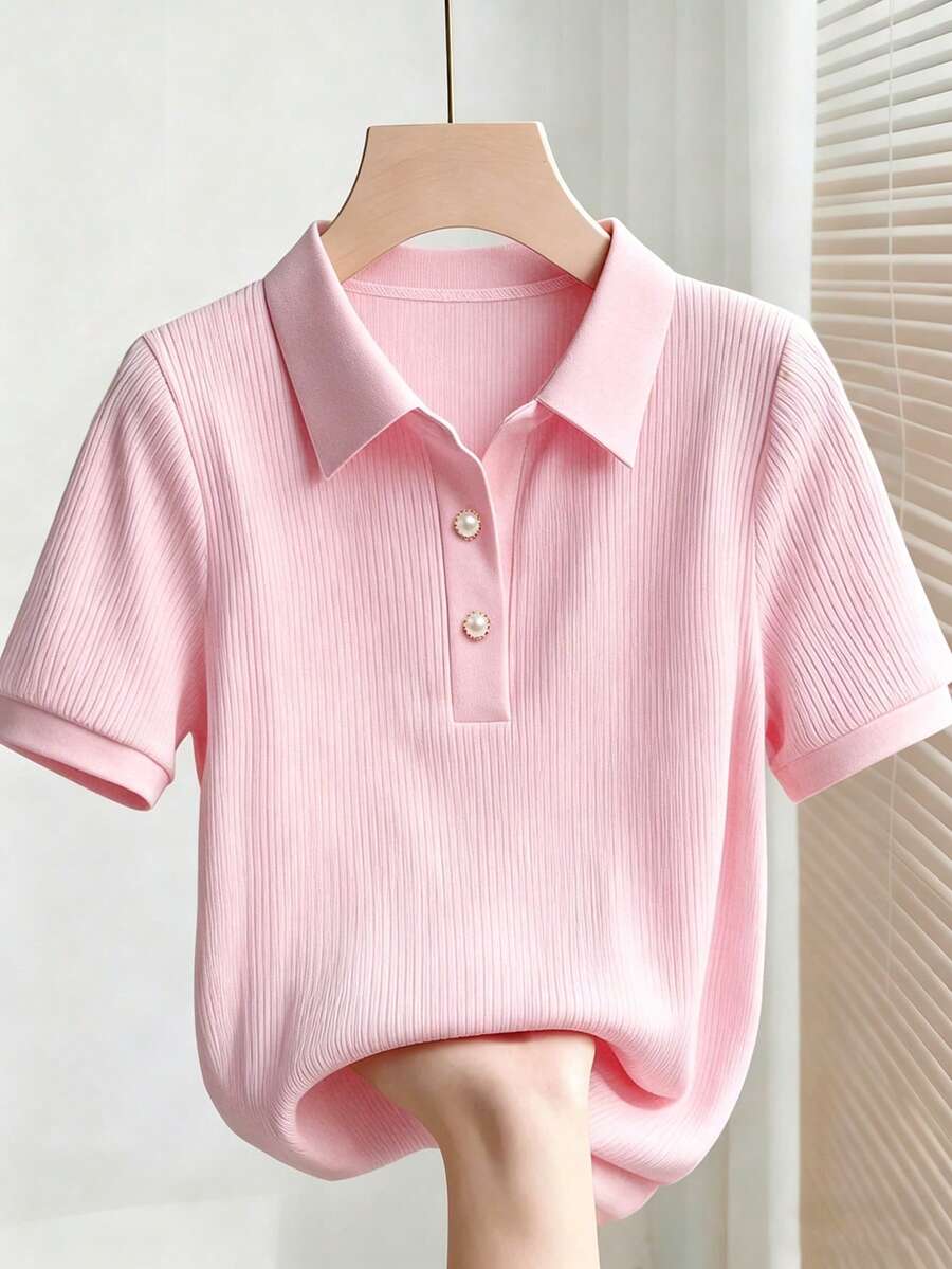 pink ribbed collared short sleeve polo top