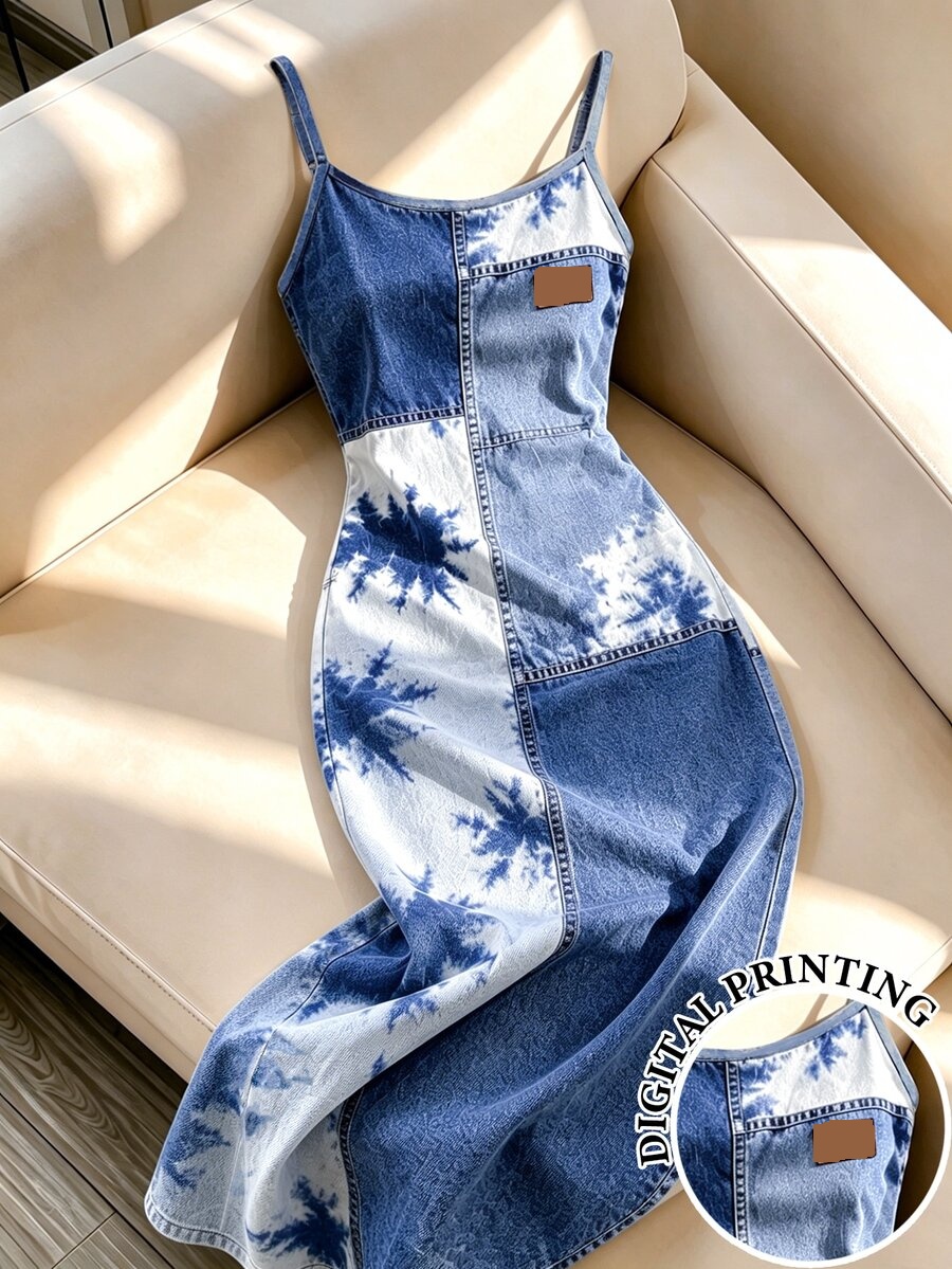 tie dye denim spaghetti strap midi dress