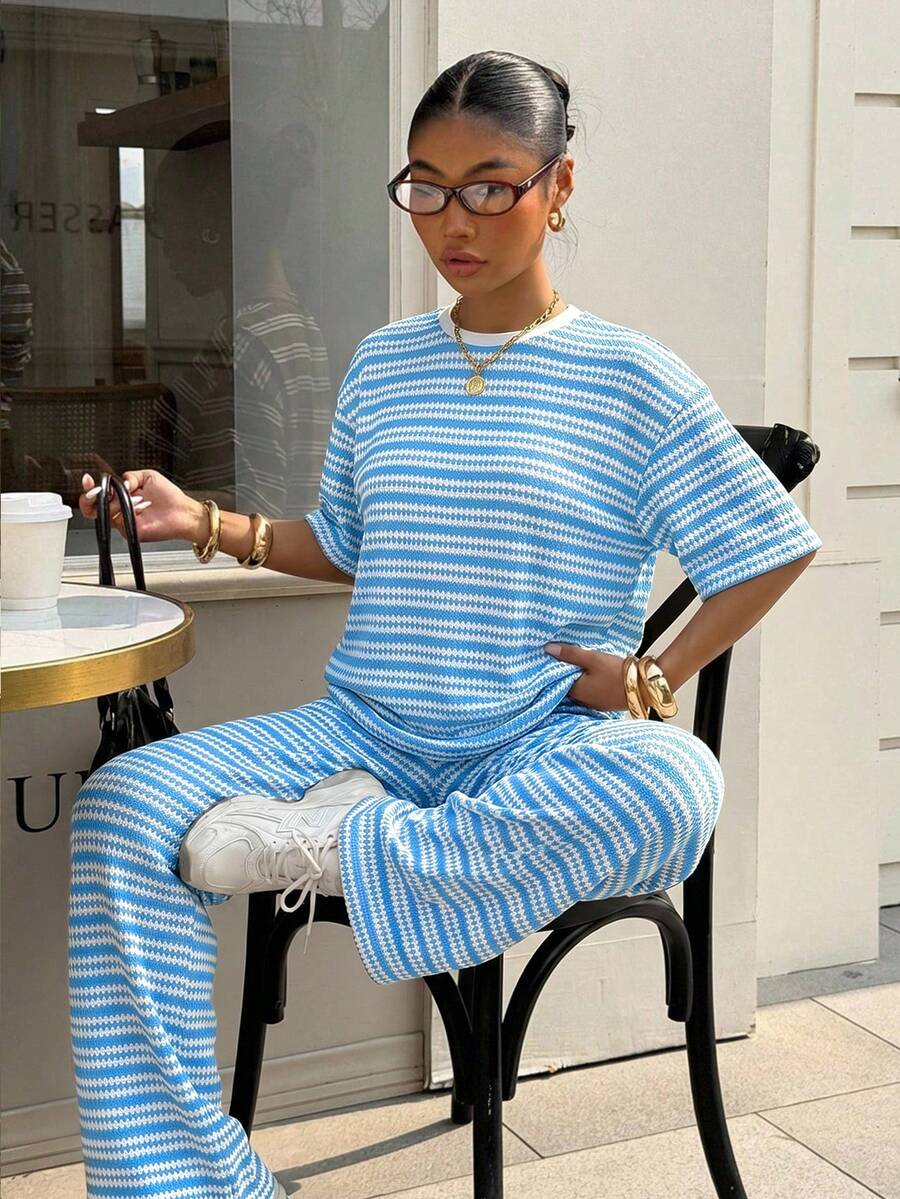 baby blue and white striped knit casual trousers