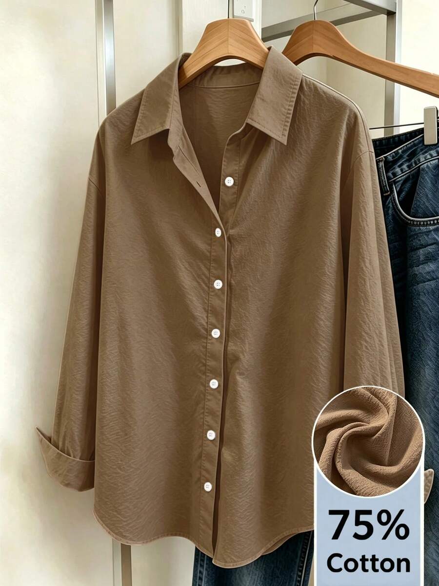 brown cotton blend button down shirt