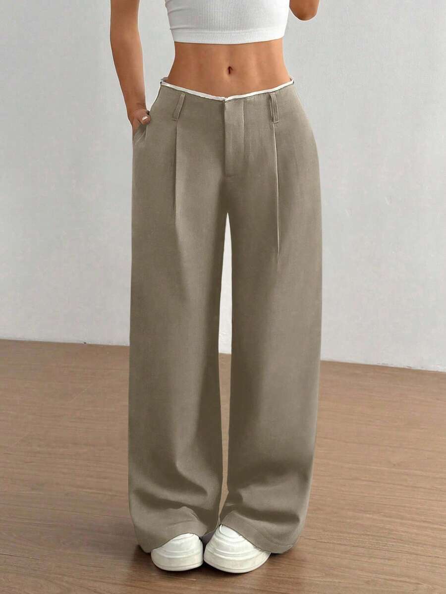 versatile grey draped straight leg trousers