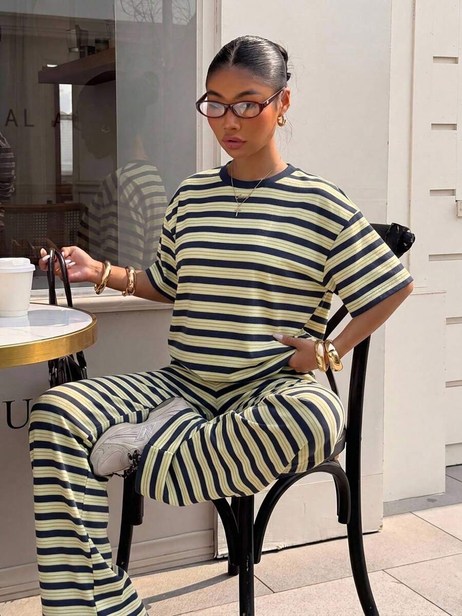 navy and yellow striped knit casual trousers