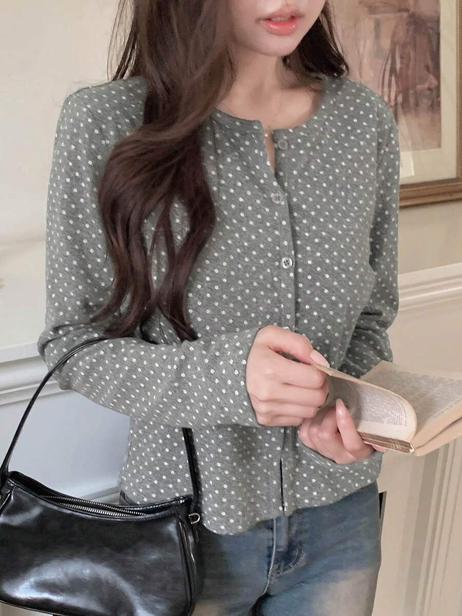 dotted grey long sleeve button front knit cardigan