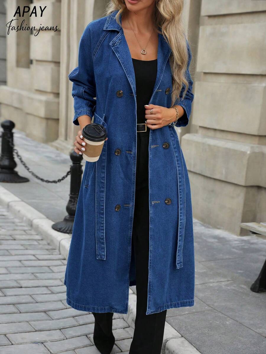 dark wash denim double-breasted trench coat