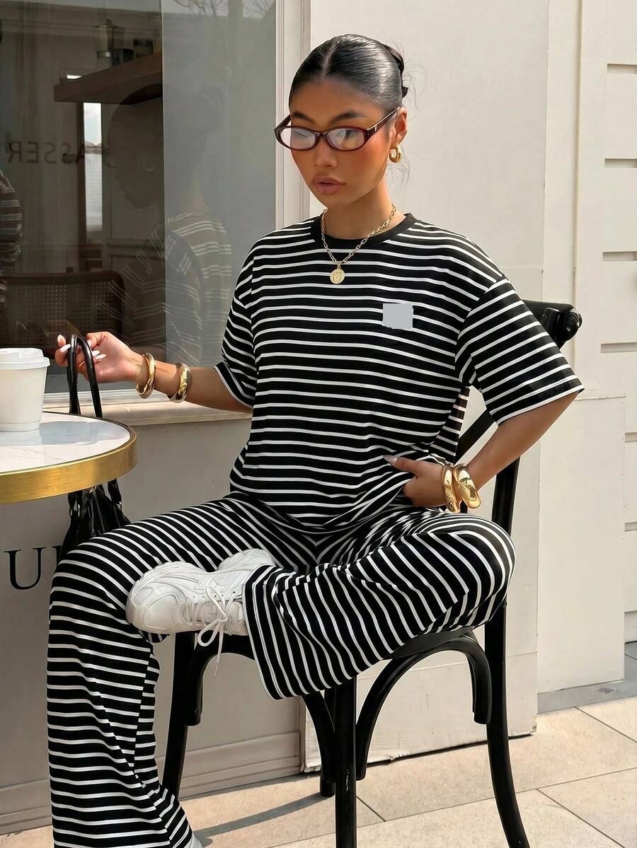 ebony and white striped knit casual trousers