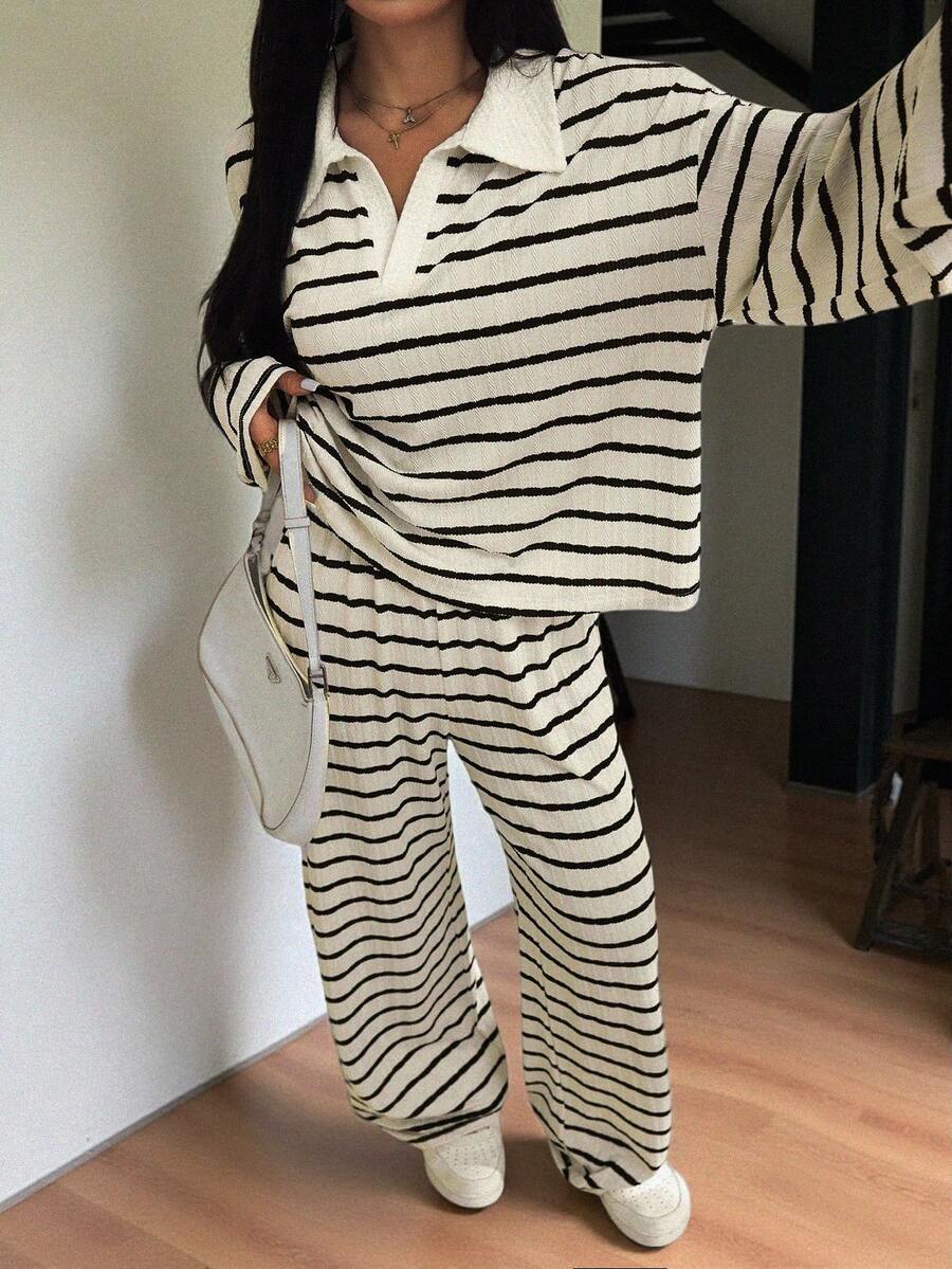 monochrome striped waffle knit long sleeve lounge set