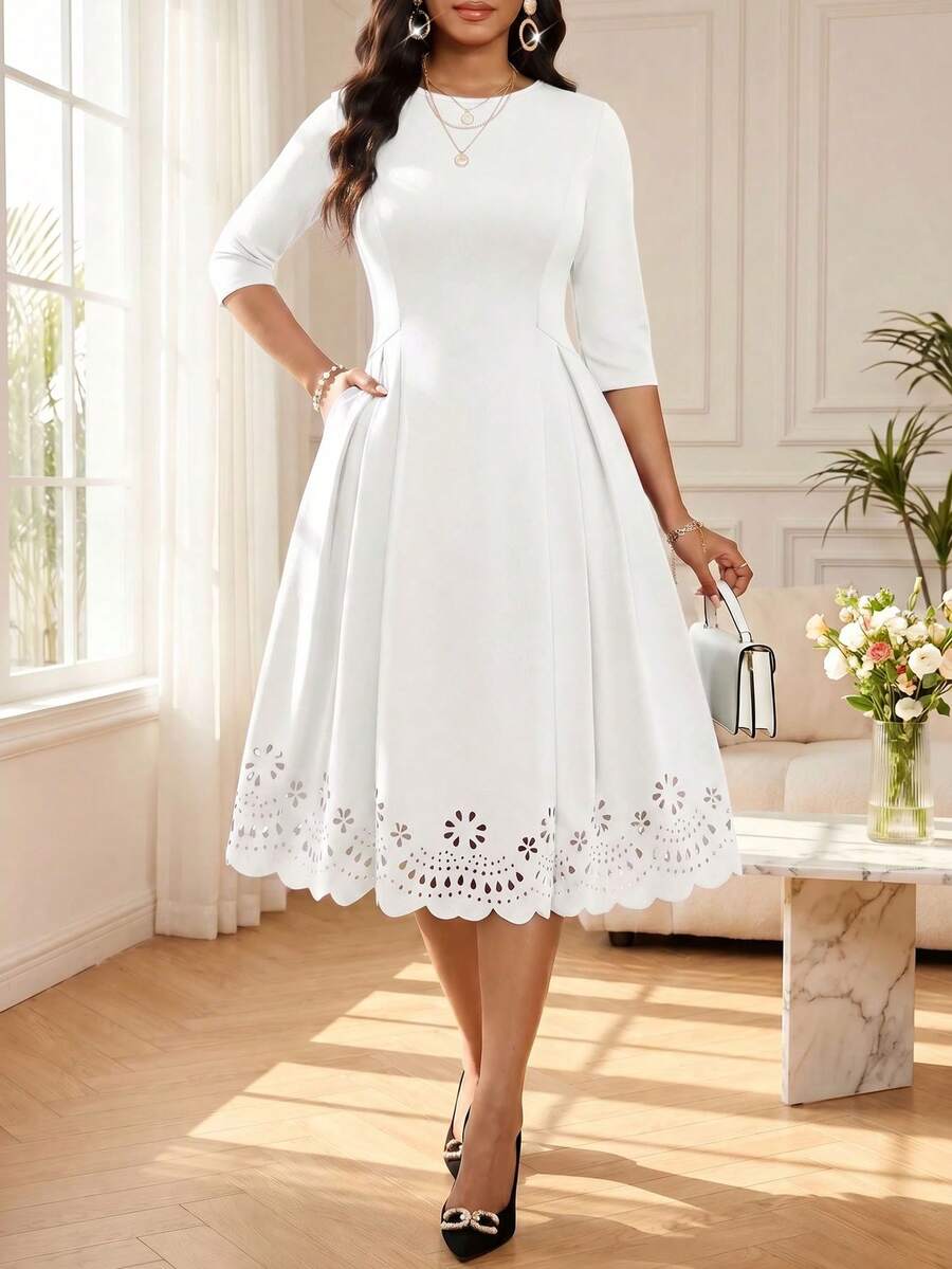cream textured midi dress with princess seams