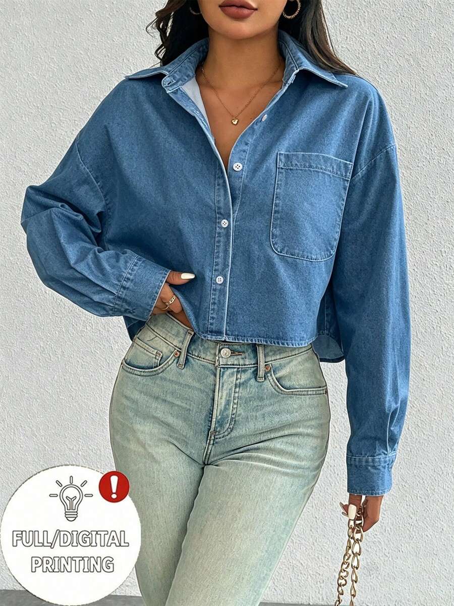 denim blue button front long sleeve casual shirt
