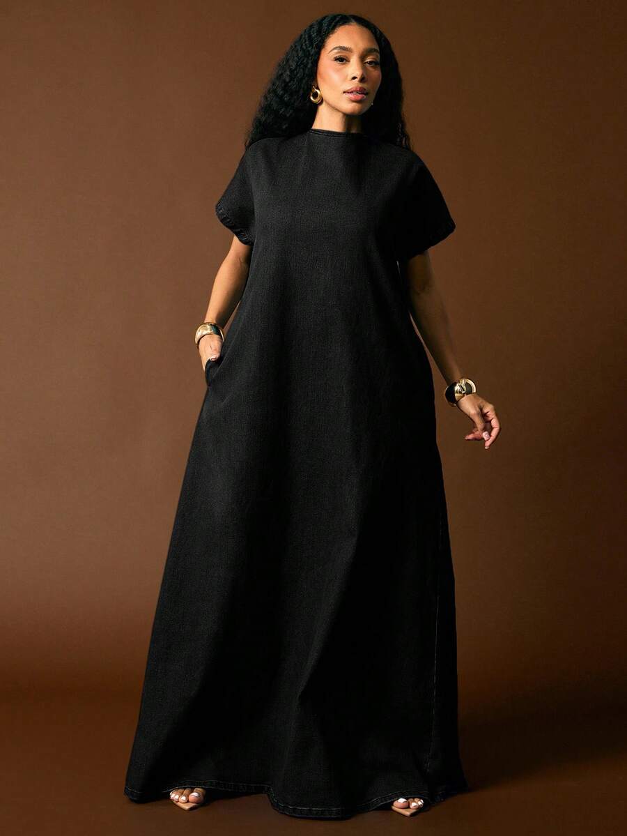 black denim maxi shift dress