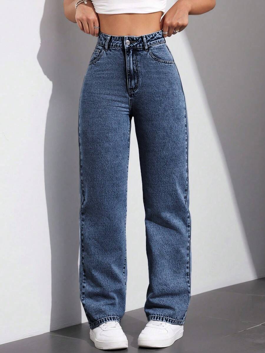 dark wash straight-leg denim jeans