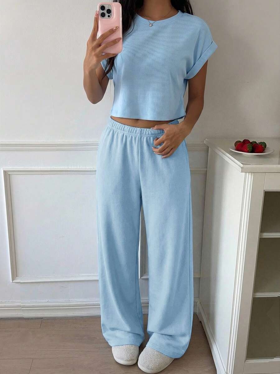 blue knitted casual loungewear set