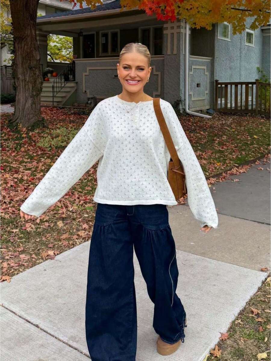 henley neck hollow knit sweater in ivory