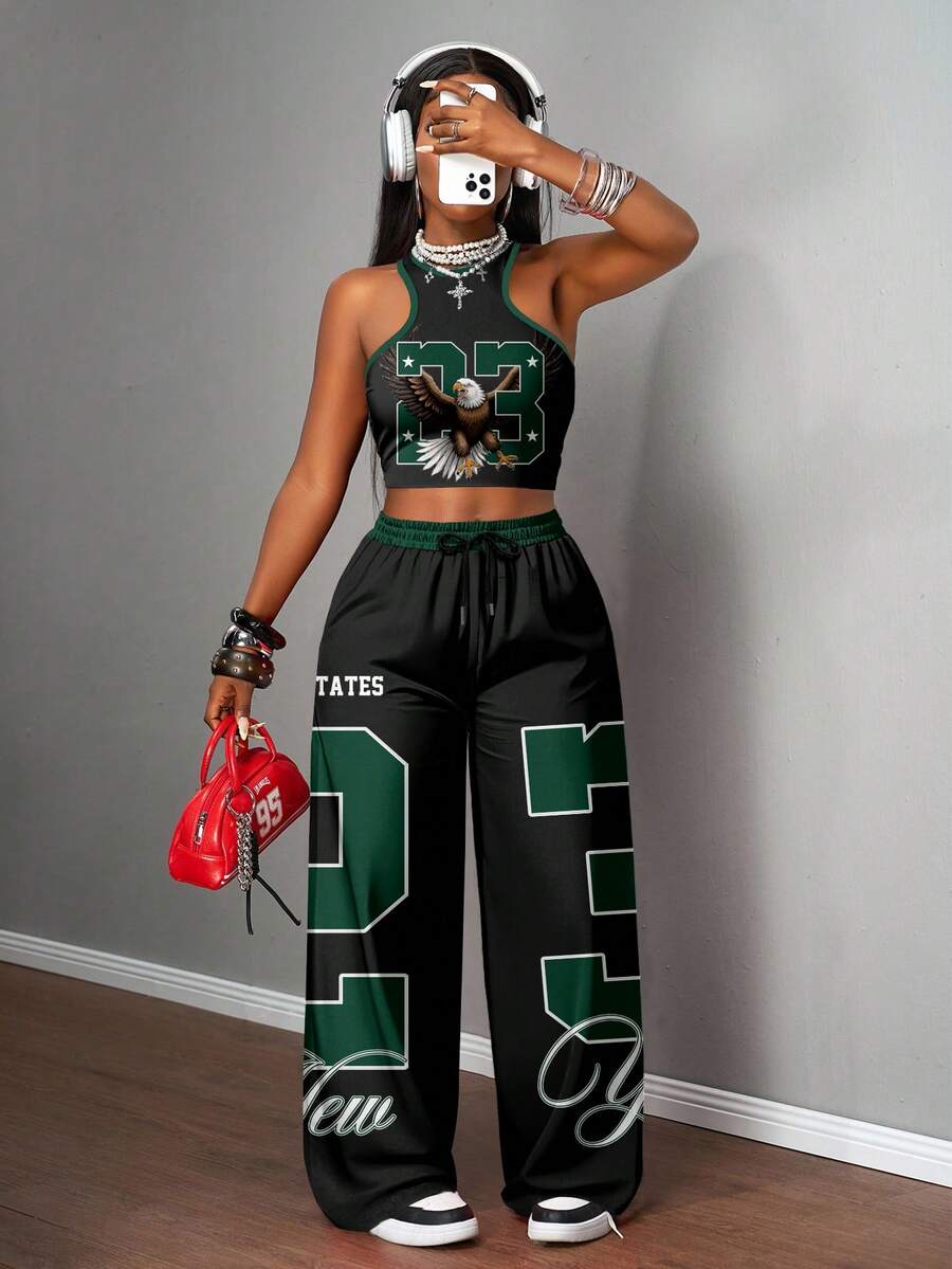 green and black graphic athleisure coord set