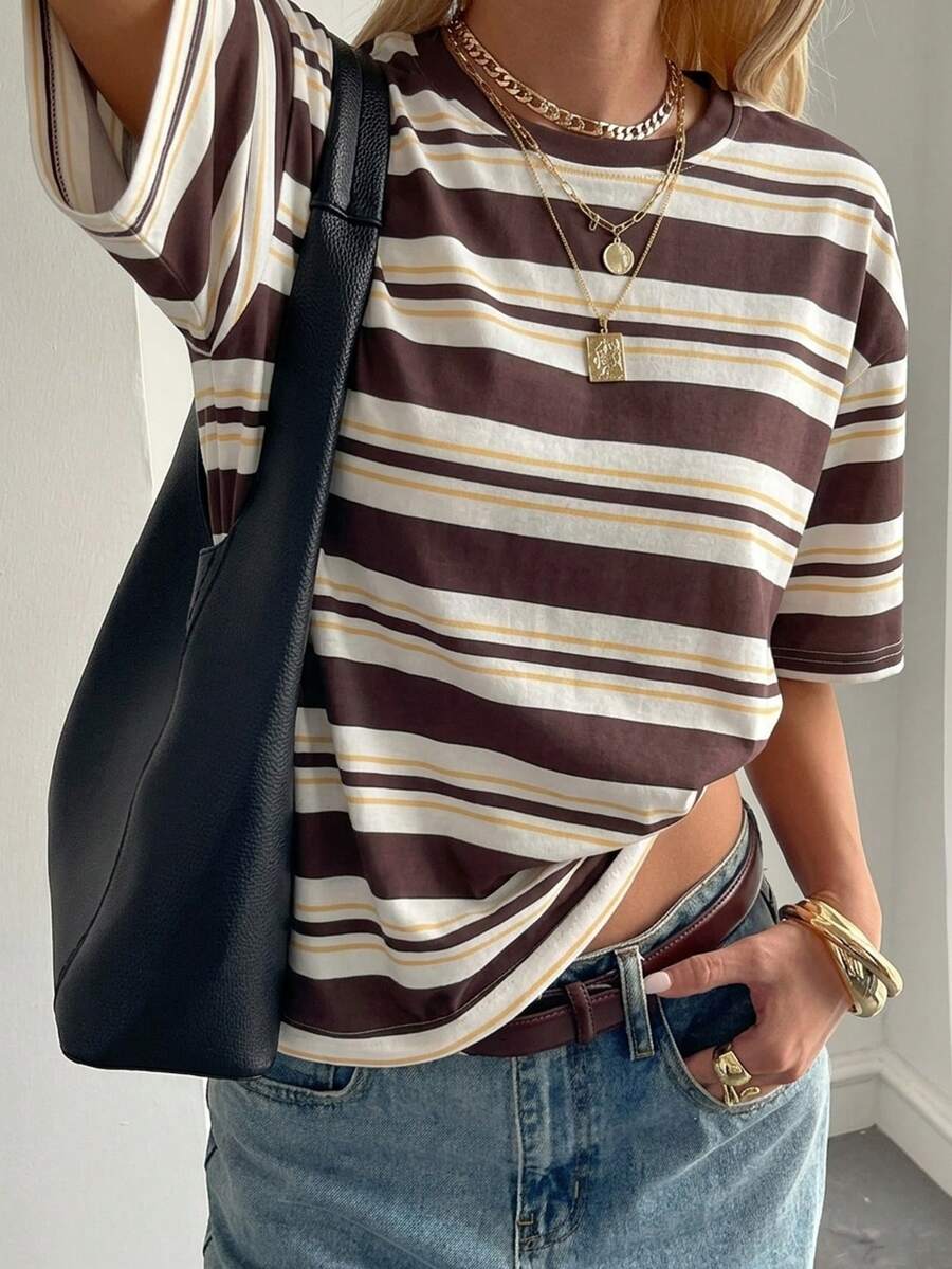 loose casual round neck striped brown t-shirt