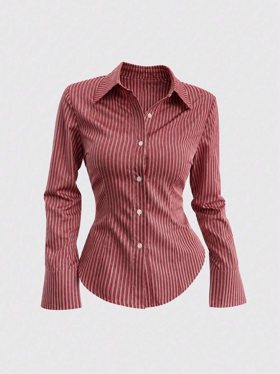 slim fit red striped long sleeve button down shirt