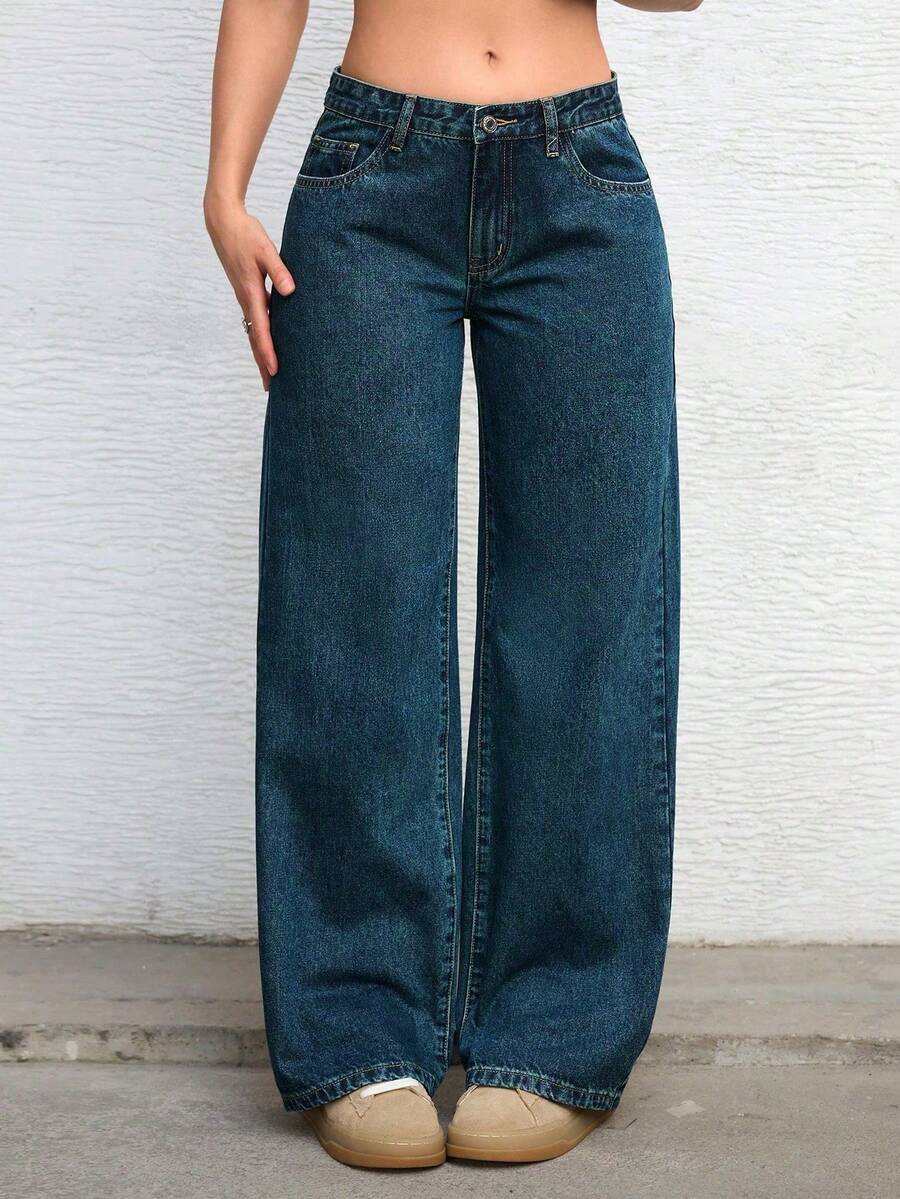 casual washed low-waist straight-leg cobalt jeans