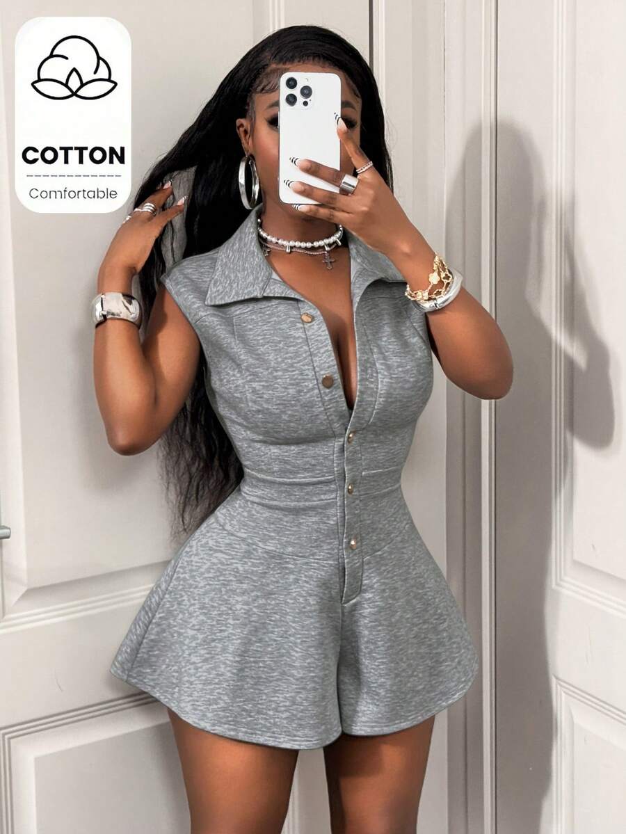 heather sleeveless collared romper with flared shorts