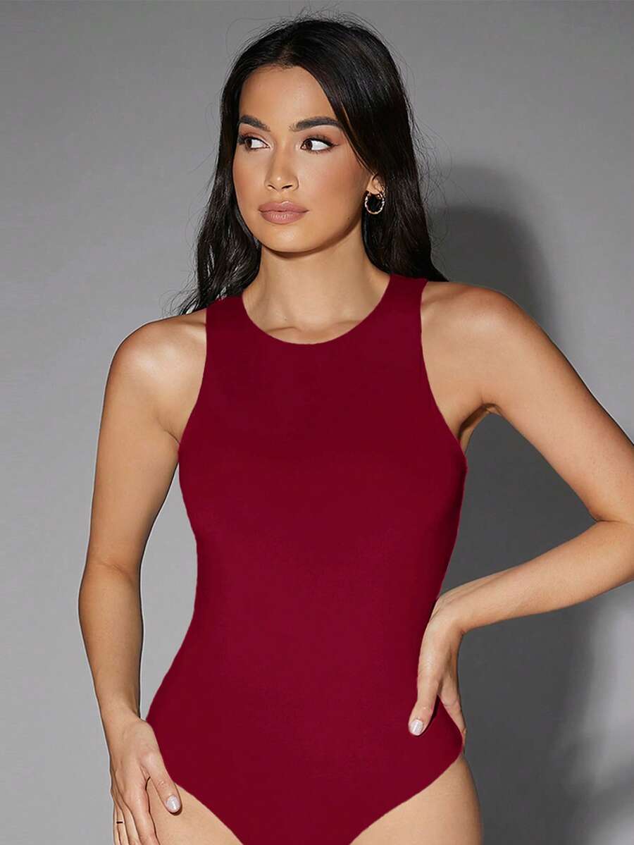 silquee solid red high neck sleeveless bodysuit