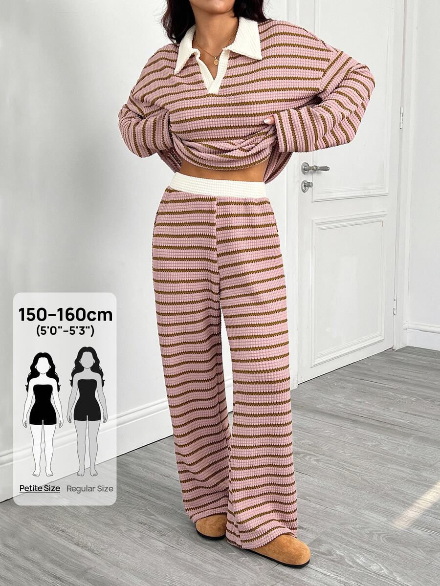 pink striped waffle knit long sleeve lounge set