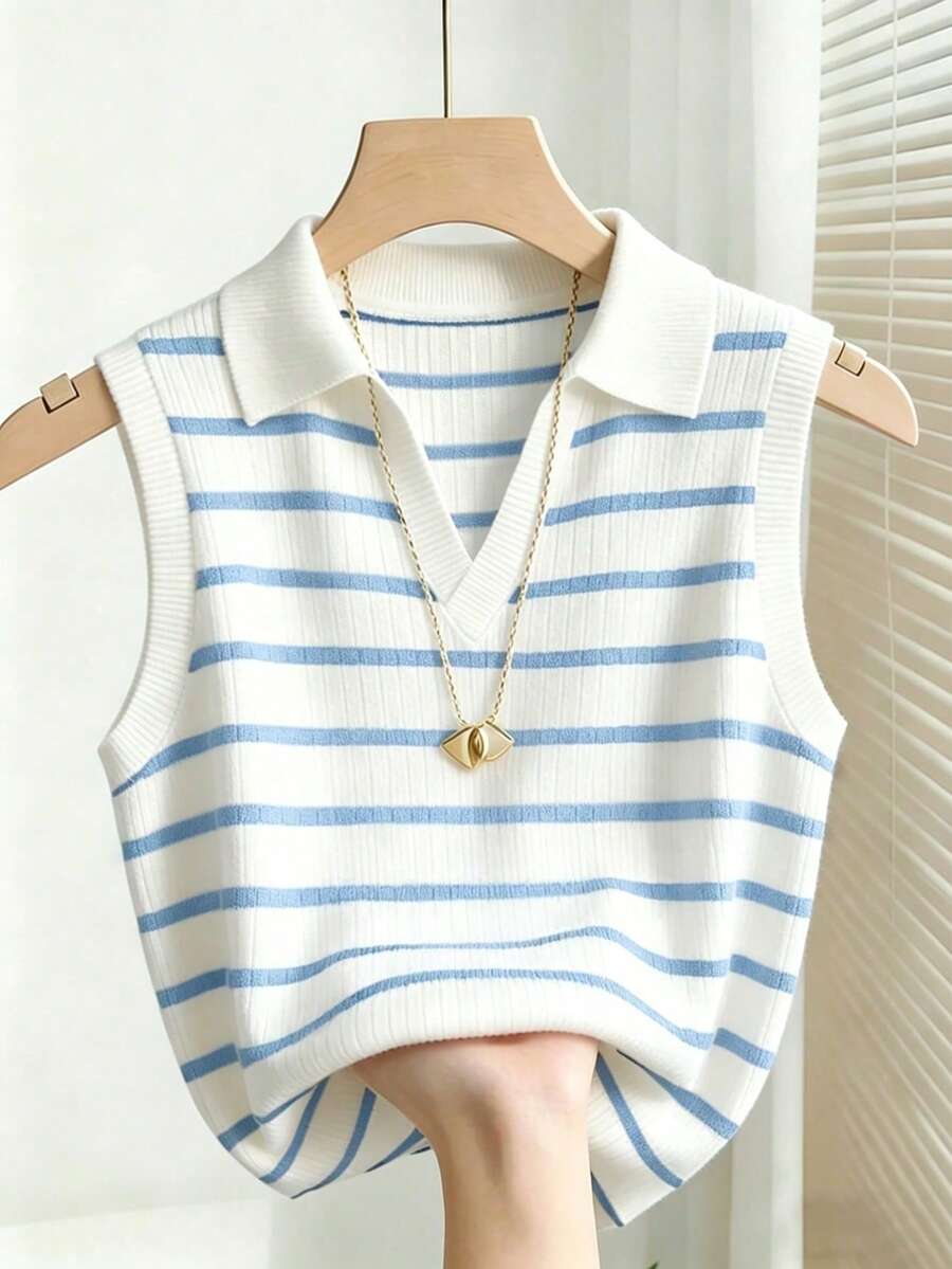 royal blue and white striped knit polo vest