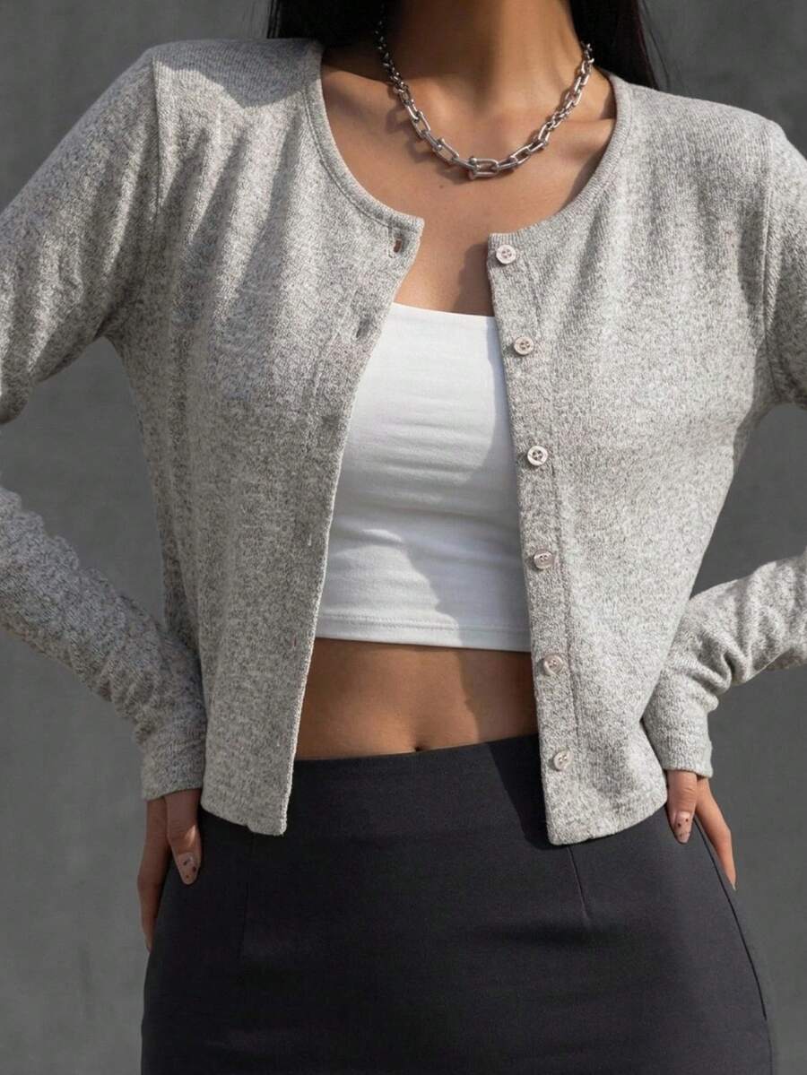 charcoal grey long sleeve button front knit cardigan