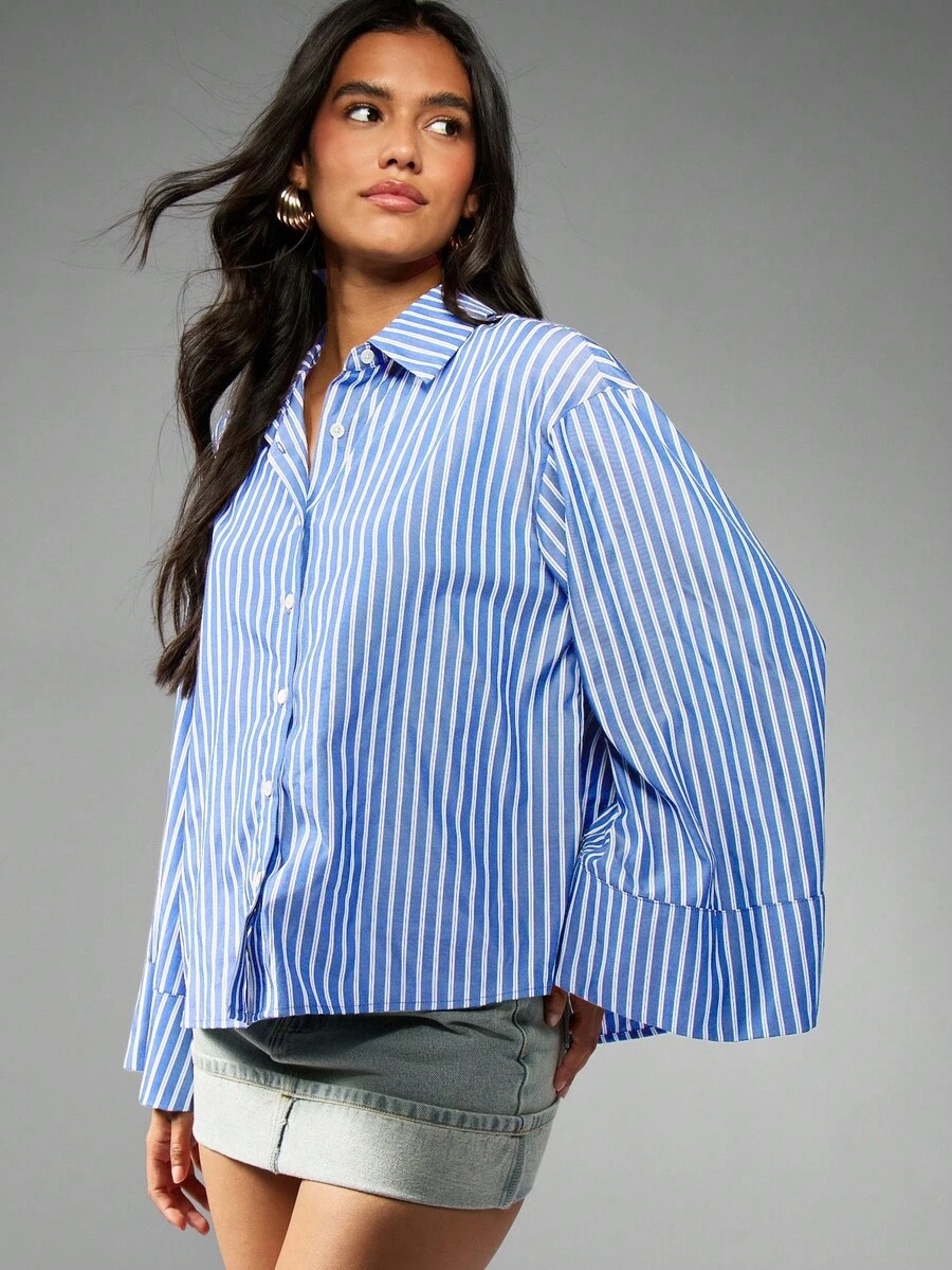 oversized sky and white striped button down shirt