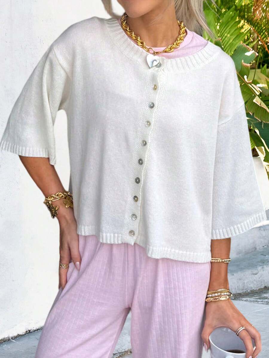 white short sleeve ribbed knit button down cardigan
