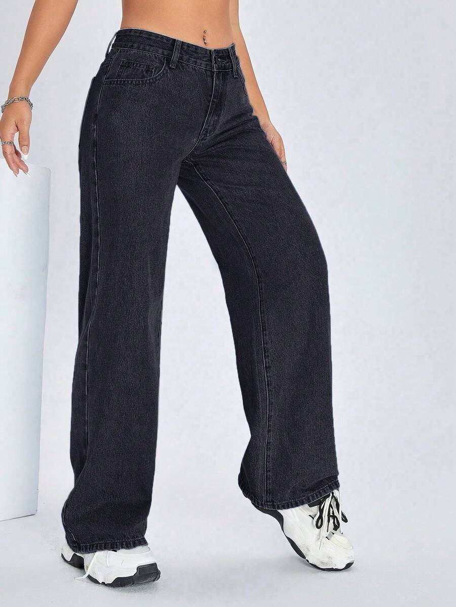 casual washed low-waist straight-leg black jeans
