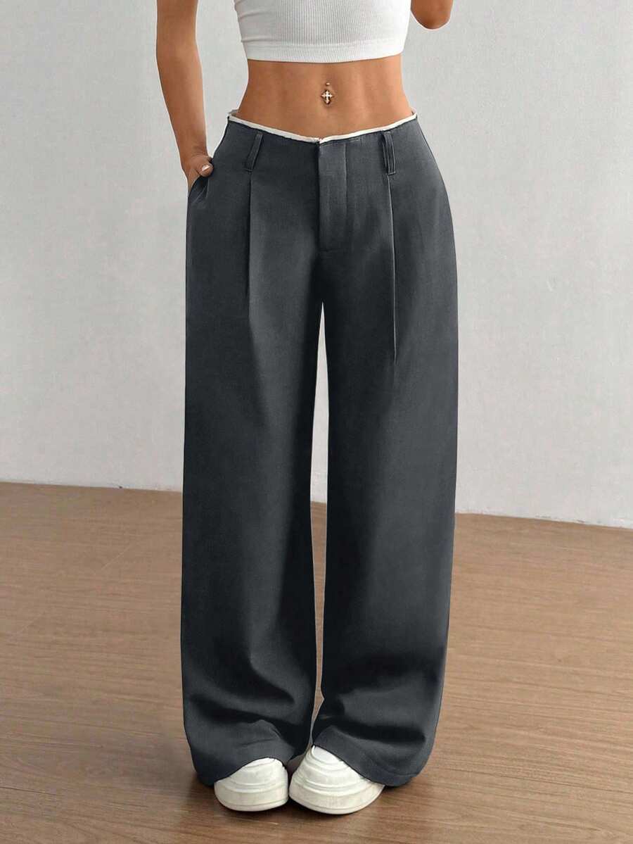 versatile iron gray draped straight leg trousers