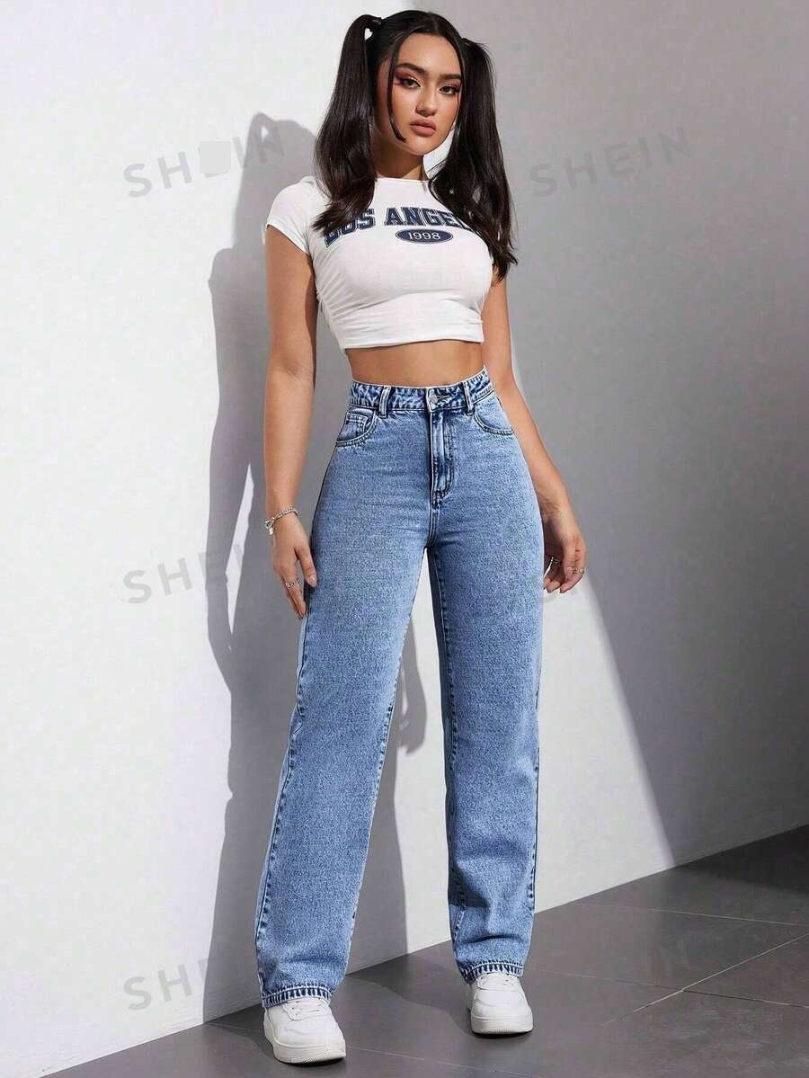 medium wash straight-leg denim jeans