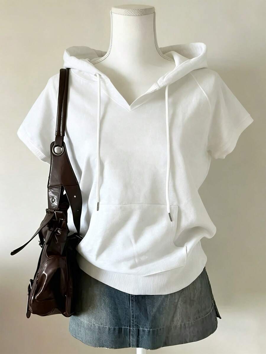 white and black polka dot short sleeve drawstring hoodie