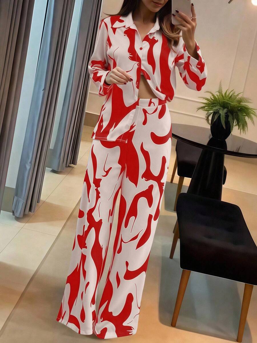 red and white abstract long sleeve coord set