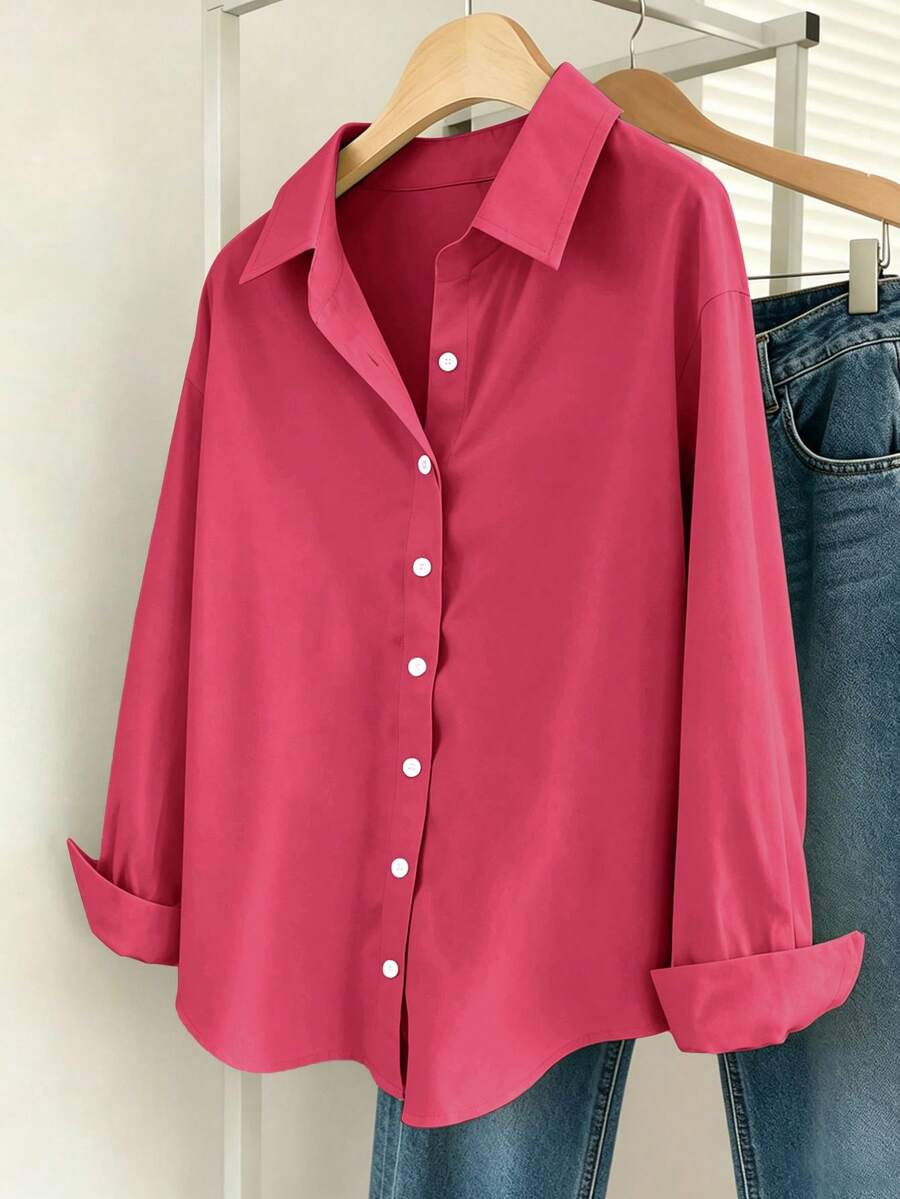 rose red patchwork cotton button-down shirt