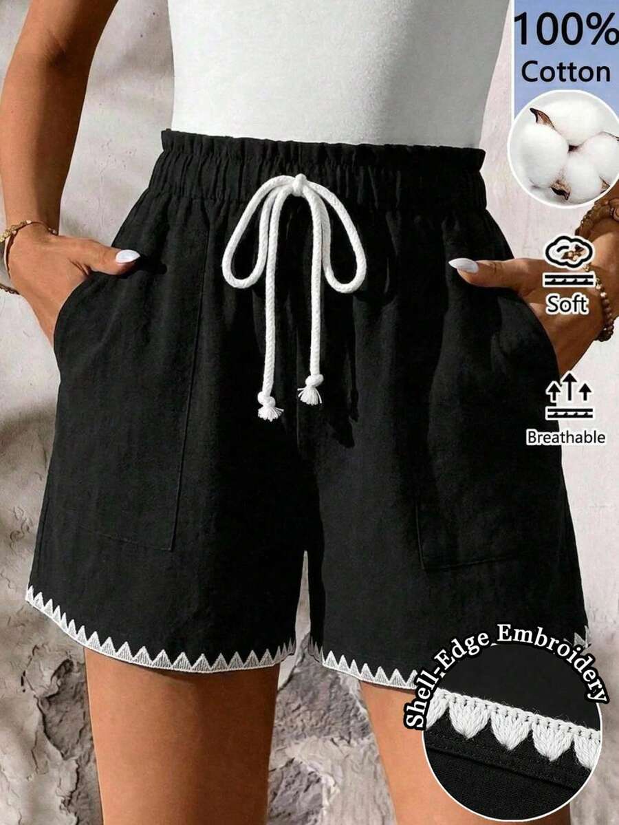 embroidered cotton paperbag waist shorts with pockets