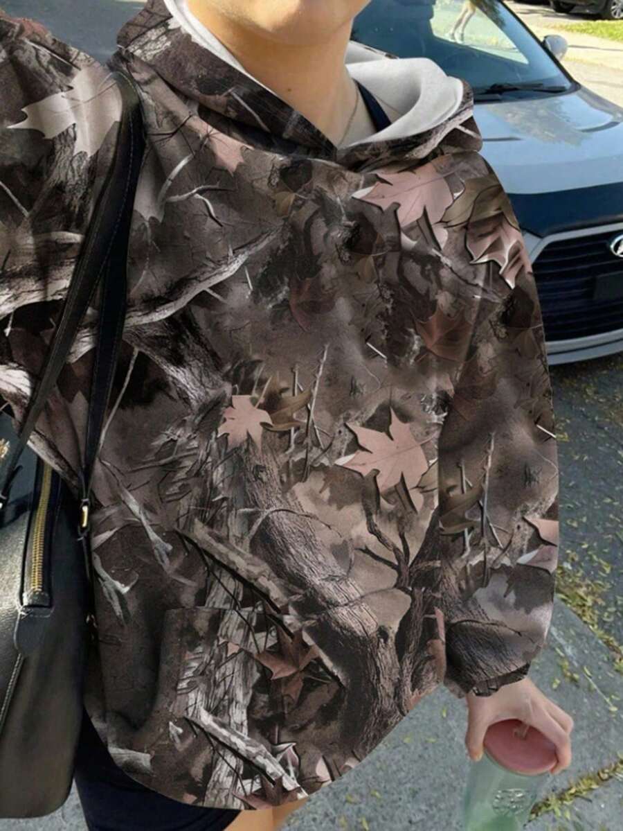 brown tree camo print oversized fleece lined pullover hoodie (printed)