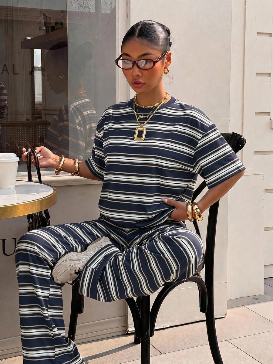 navy and white striped knit casual trousers