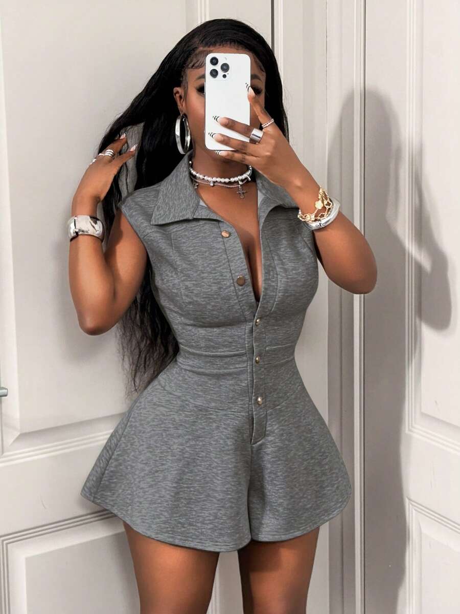 charcoal sleeveless collared romper with flared shorts