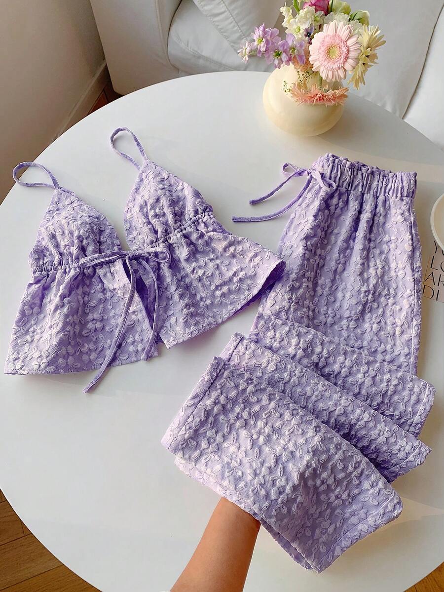 lavender textured camisole and matching wide-leg trousers set