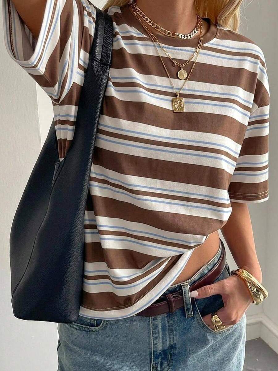 loose casual round neck striped khaki t-shirt