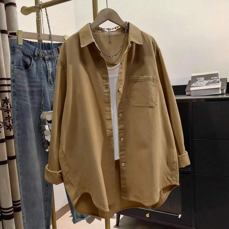 solid khaki cotton button-down casual shirt