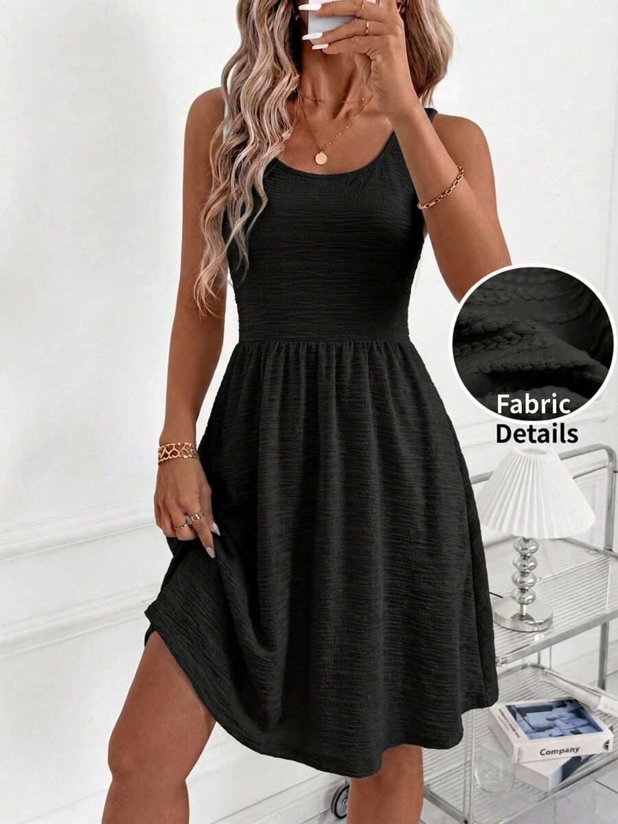 black textured round neck sleeveless casual summer dress