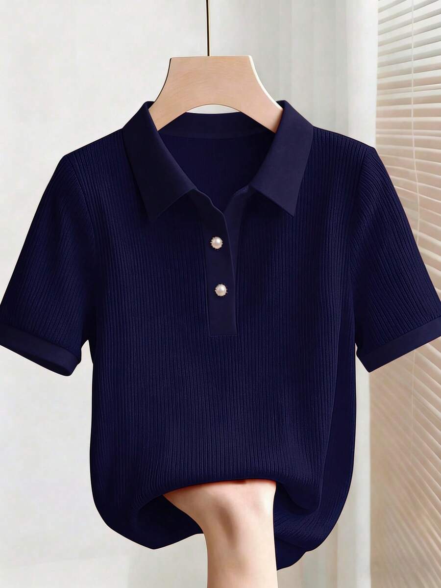 navy blue ribbed knit polo shirt